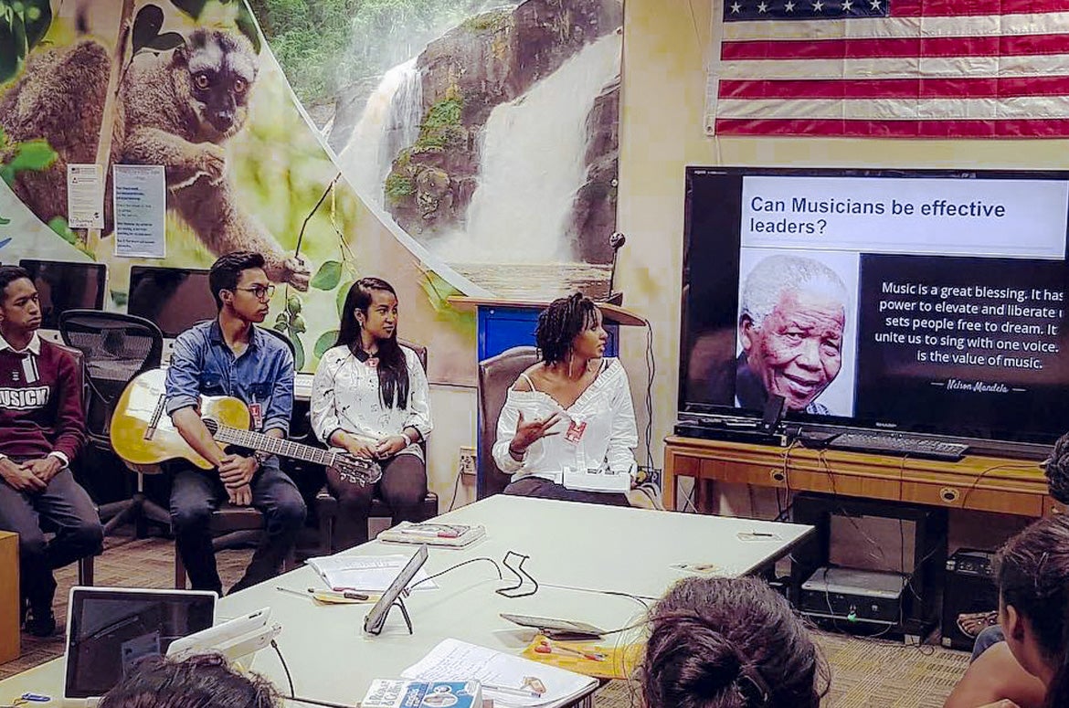 Jennifer Manzanillo leads a discussion about the impact music has on being a leader to students in Madagascar.