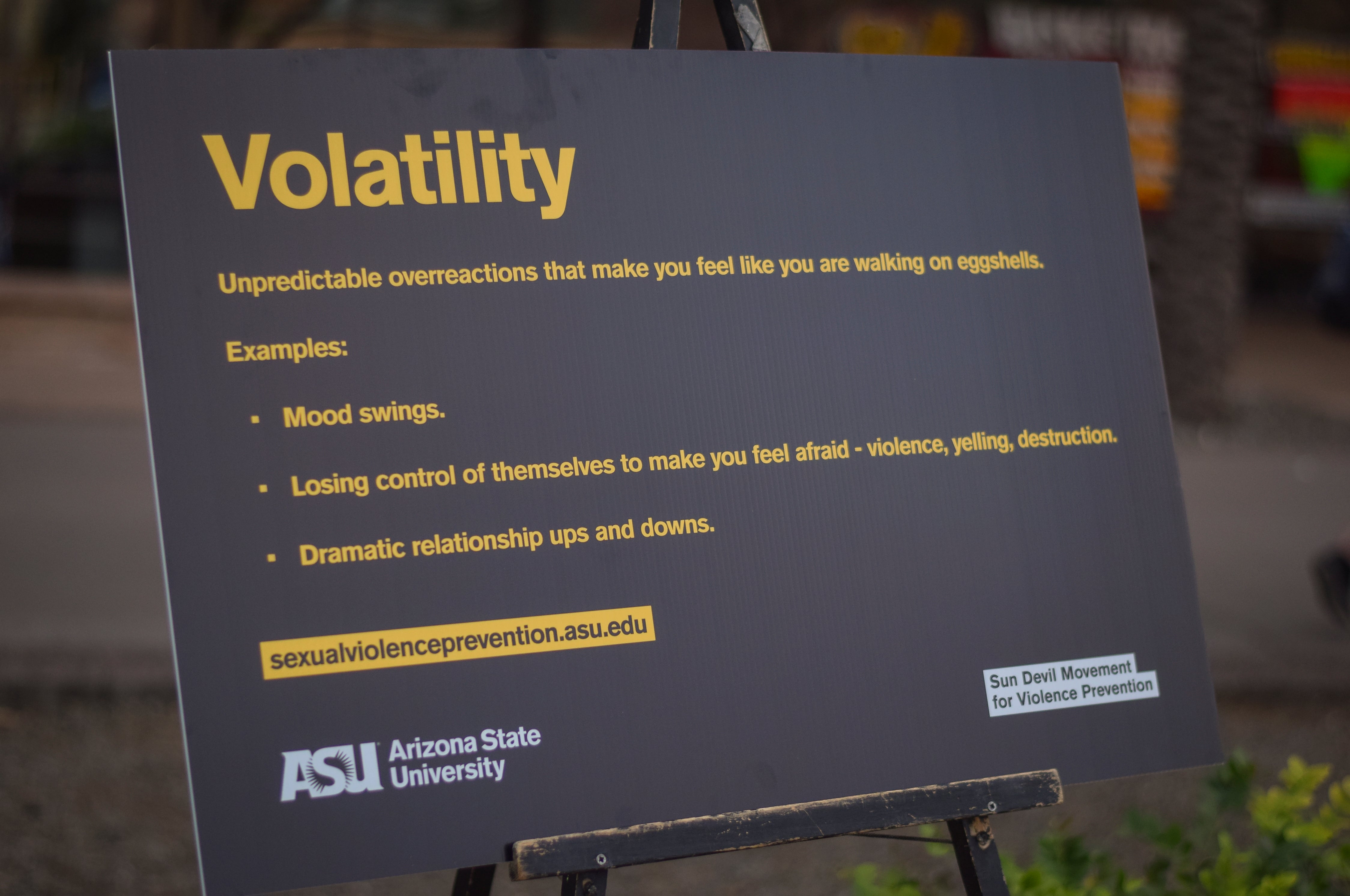 Sign on "Volatility" from last years event for Sexual and Relationship Violence Prevention Program. 